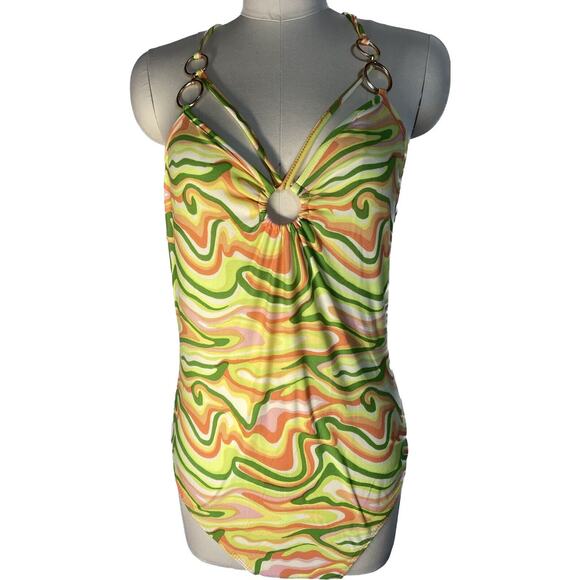 New Mod Psychedelic Bodysuit Orange Yellow Green Marbled Rue21 Womens Juniors XS - Picture 1 of 8